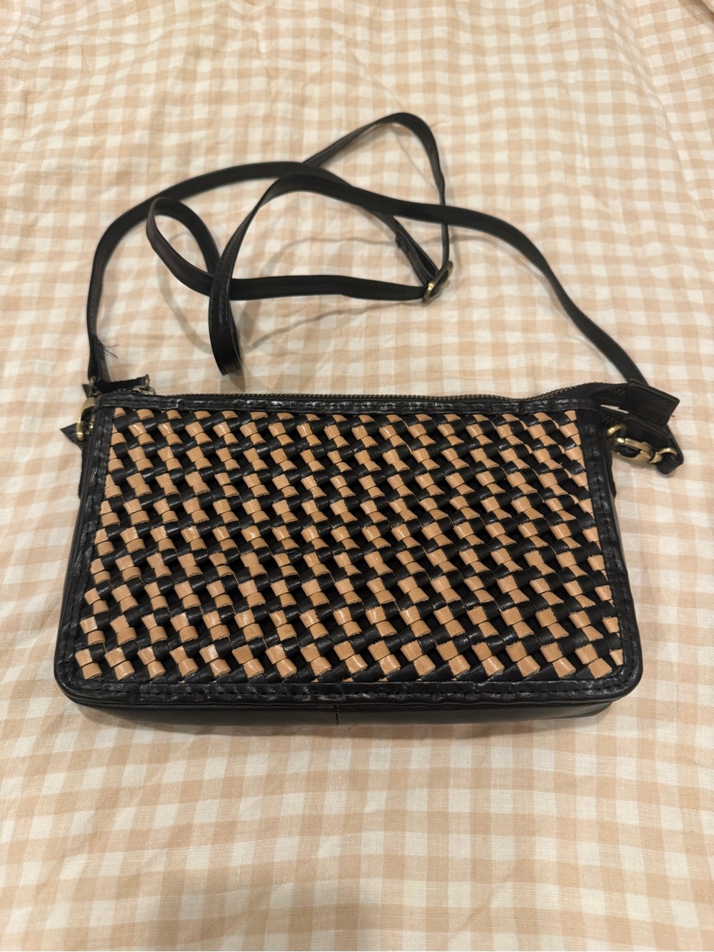 Black and Tan Woven Crossbody Bag with Adjustable Strap